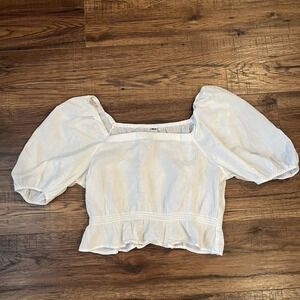 Uniqlo Cropped‎ Blouse Womens Size S White Puff Sleeves Ruffle Peasant Cottage